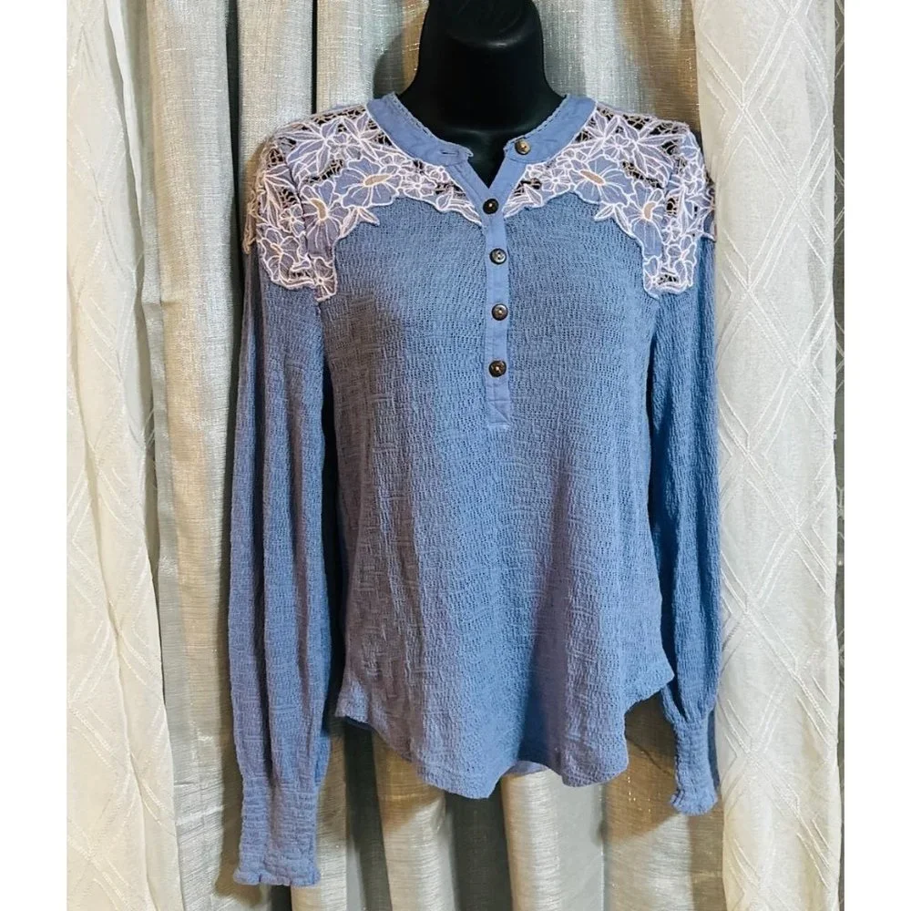 Free People Easy Breezy Henley Top tee blouse Blue_4
